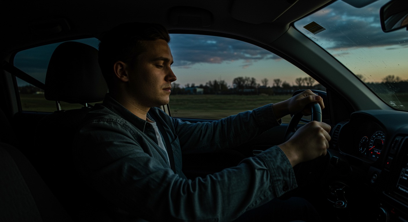 Photorealistic drowsy driver with crash risk visualization, showing the dangerous effects of sleep deprivation on driving safety, soft automotive lighting, no text