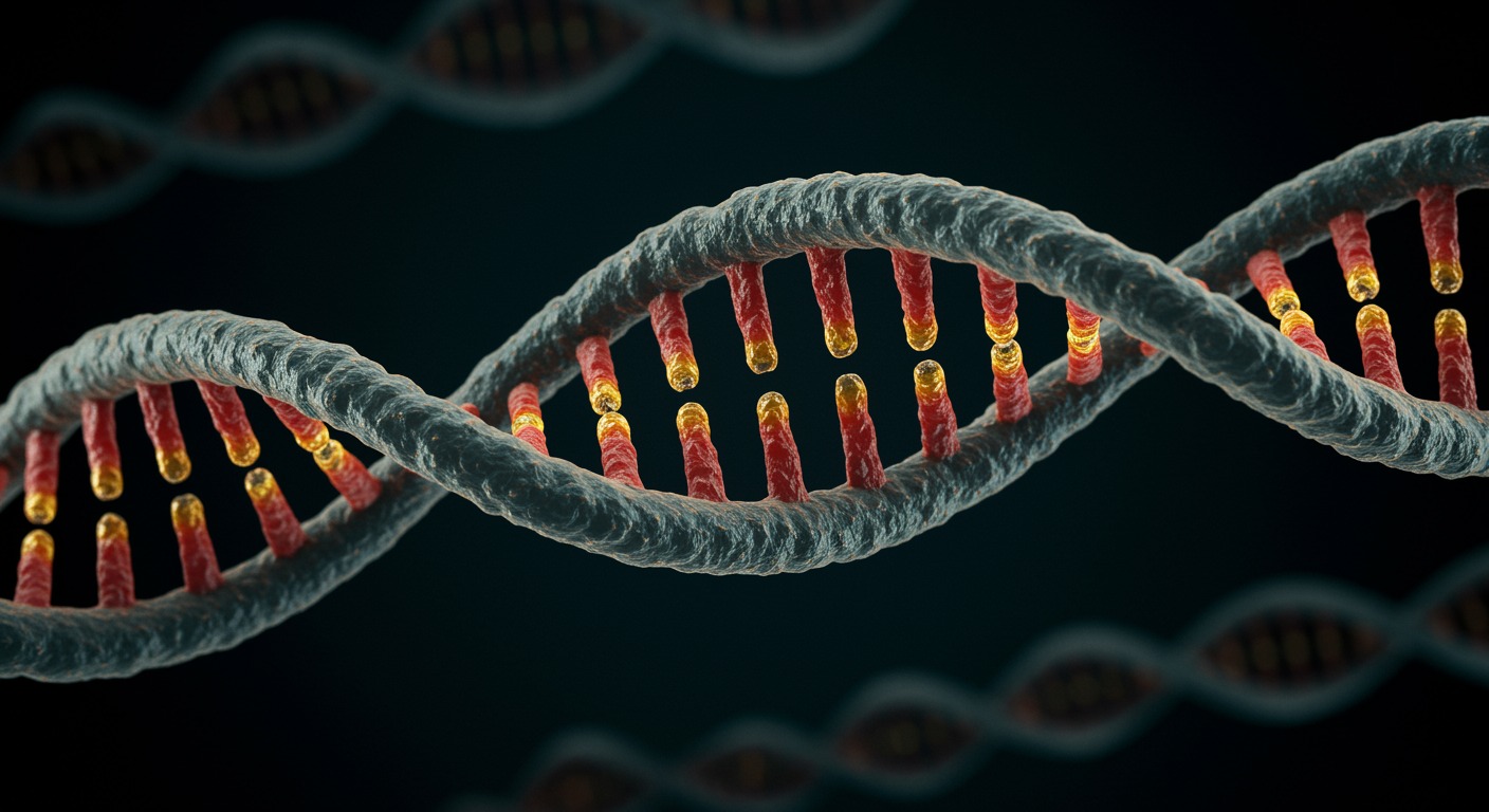 Photorealistic DNA helix with activated inflammatory genes highlighted, showing cellular stress response to sleep deprivation, soft genomic lighting, no text
