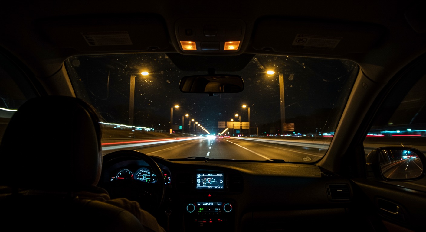 Photorealistic night highway view from a car interior with a tired driver and blurred lights, natural low light, no text
