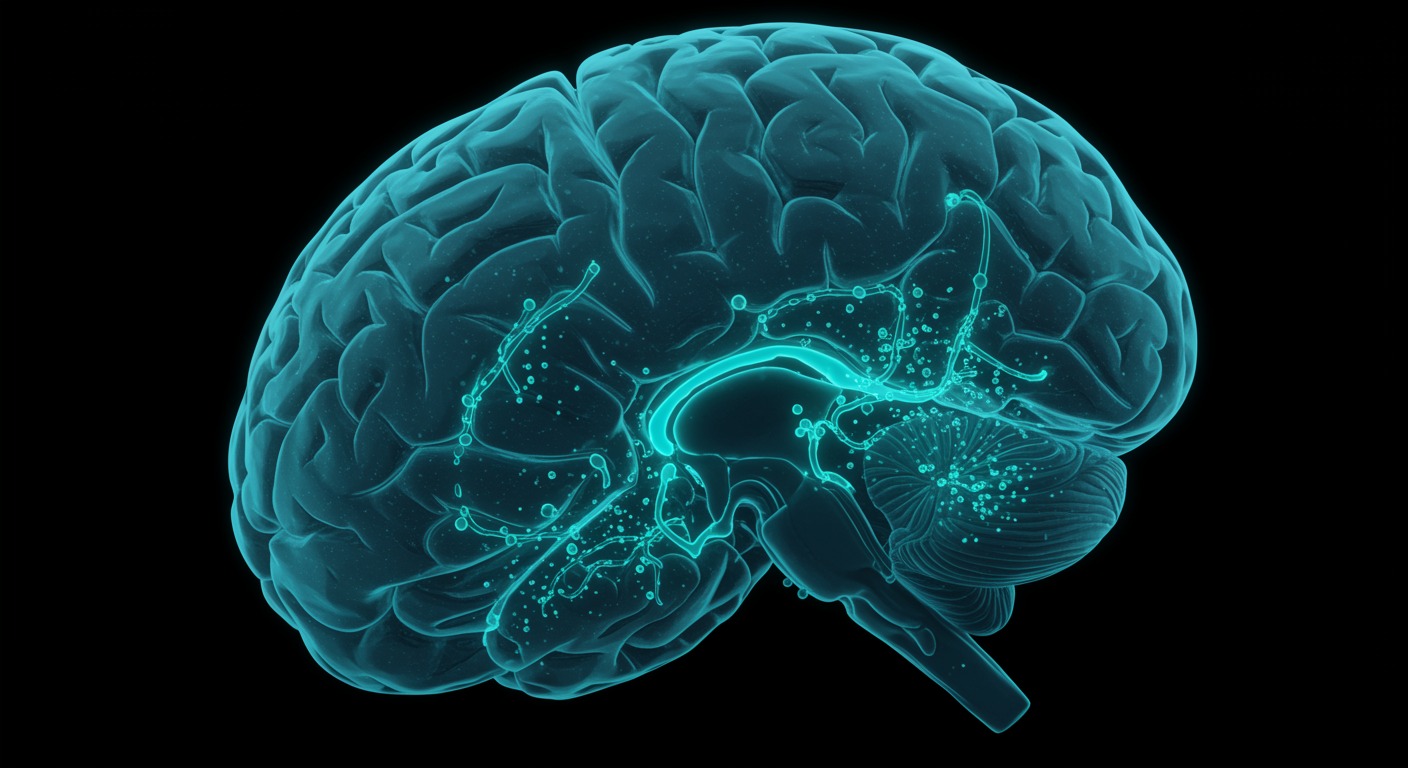Photorealistic cross-section view of sleeping brain with subtle flowing liquid patterns representing cerebrospinal fluid clearing waste, soft blue-green lighting, no text