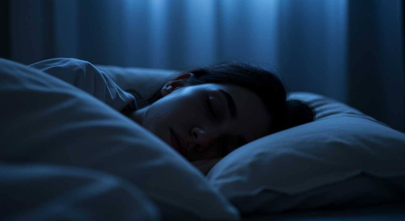 Close-up of a peaceful sleeping face on white pillows with soft moonlight blue tones through curtains