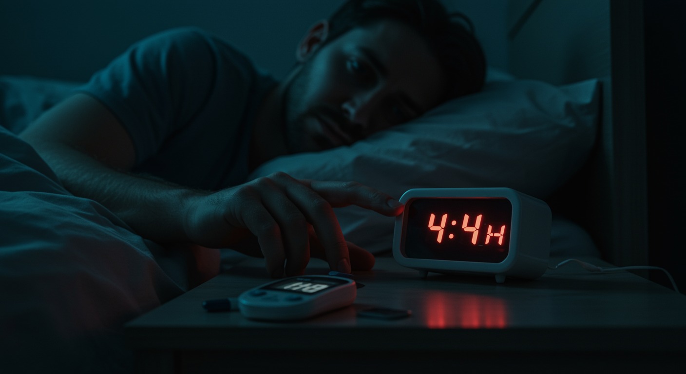 Photorealistic image of a tired man checking time on bedside clock showing 4 AM, with glucose meter nearby, dim bedroom lighting, no text
