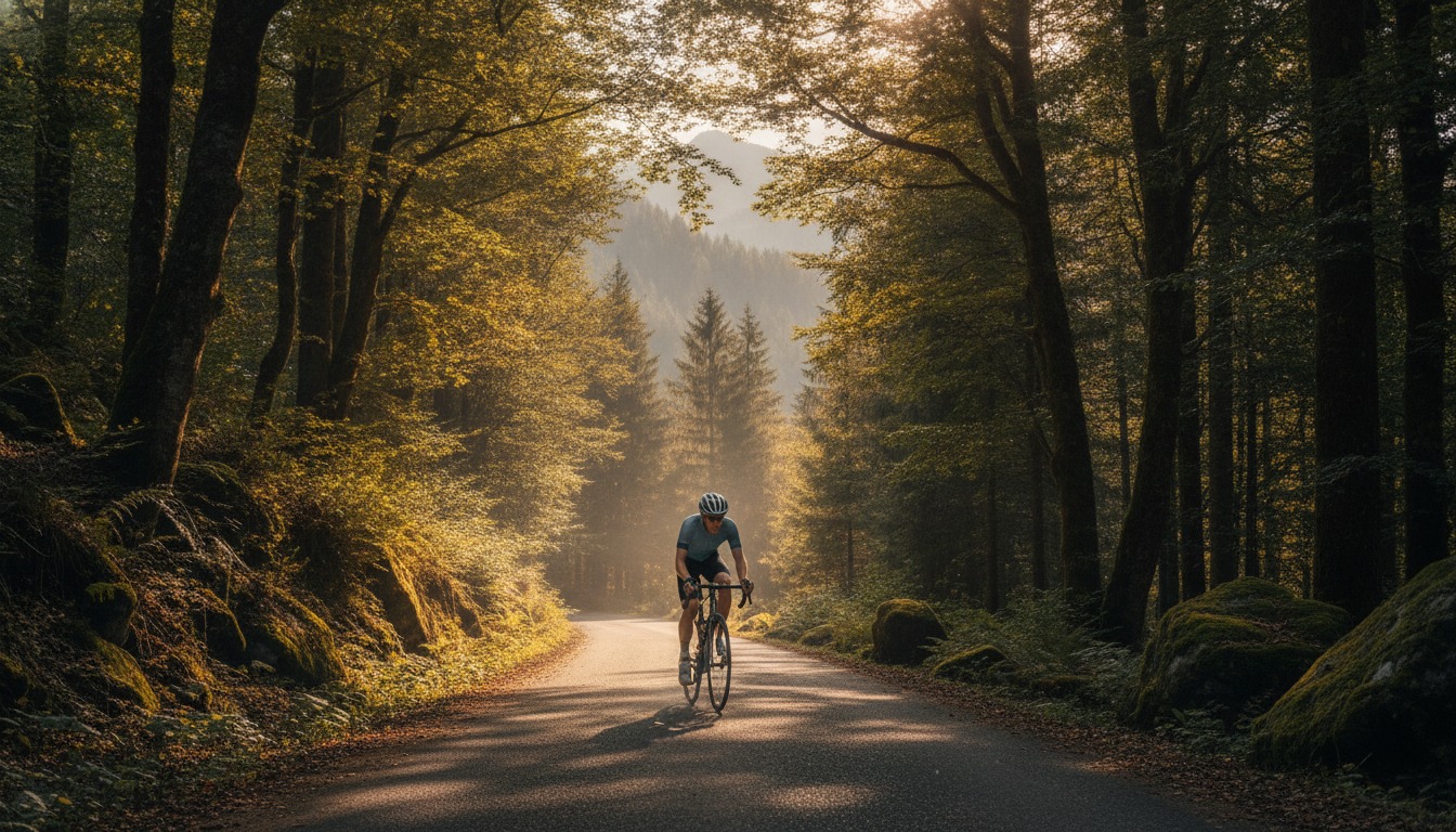 Cyclist riding through a forested mountain road with warm dappled sunlight filtering through the canopy