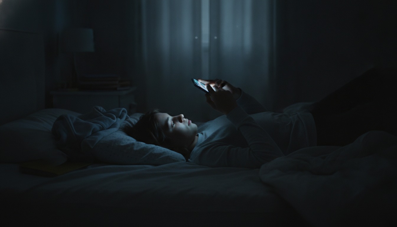 A teenager lying in a dark bedroom at night, face lit by the glow of a smartphone screen