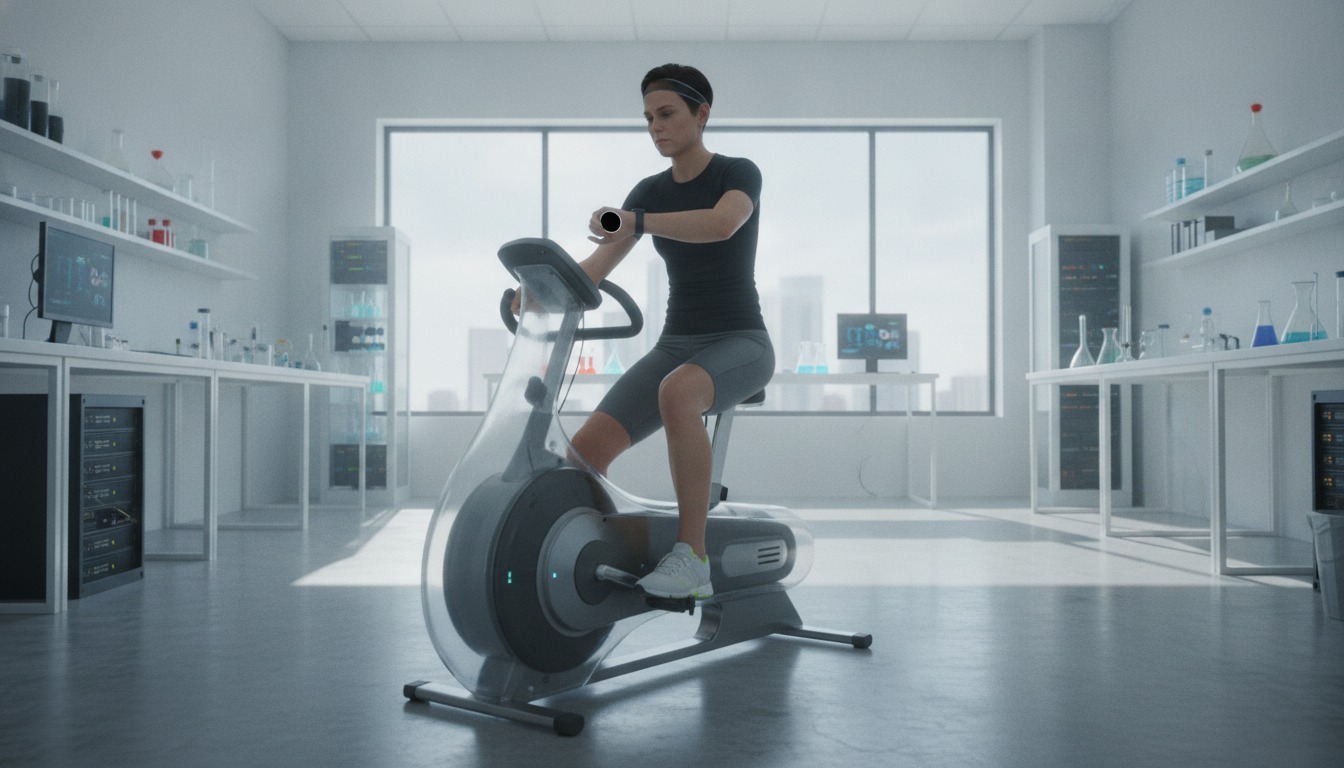 A person in athletic clothes sitting on a recumbent exercise bike in a bright laboratory, glancing at a blank smartwatch face on their wrist