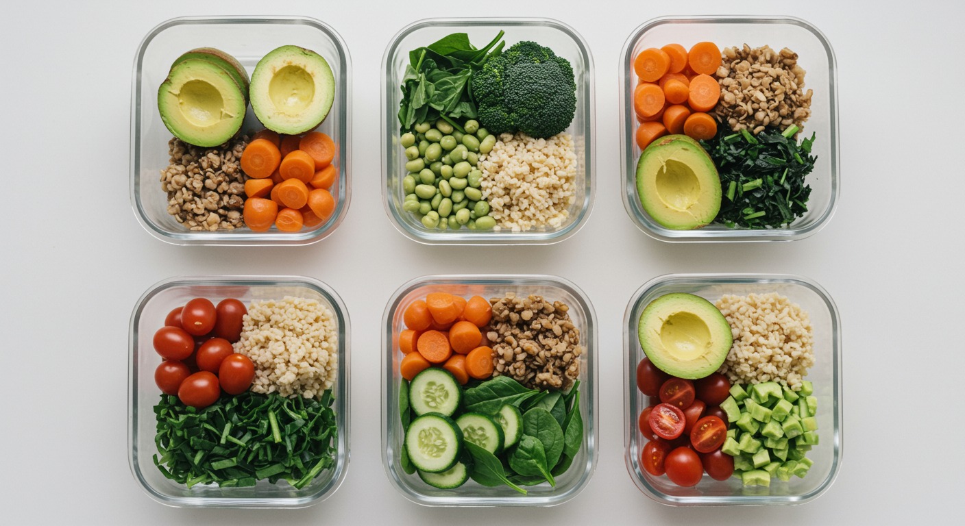 Overhead shot of a healthy balanced meal prep in glass containers on a clean white kitchen counter