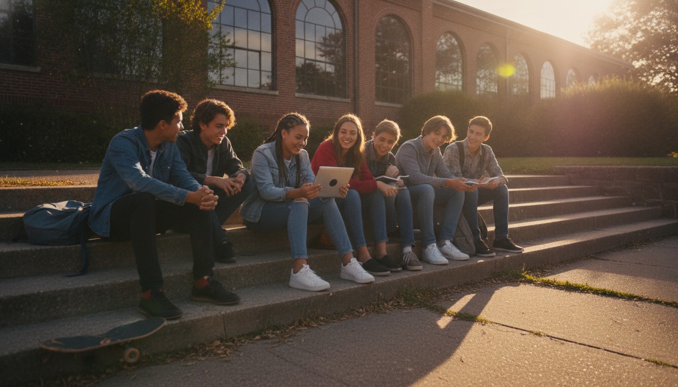 Group of teenagers sitting on concrete school steps in late afternoon light, one holding a small silver electronic device