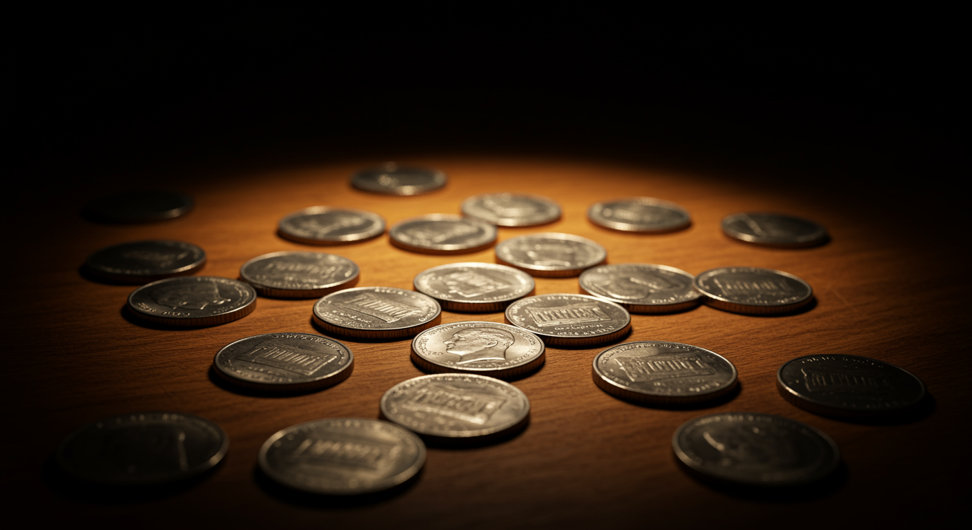 Vintage silver dimes scattered on wooden surface with warm lighting