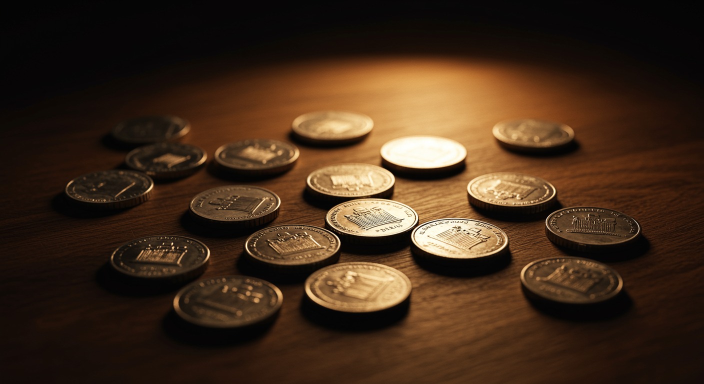 Vintage silver dimes scattered on wooden surface with warm lighting
