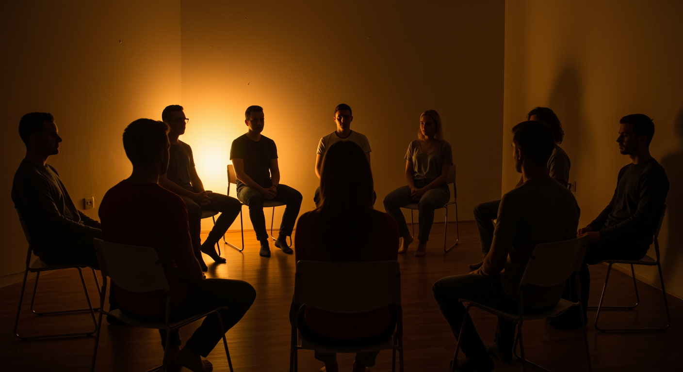 Group therapy circle with warm lighting