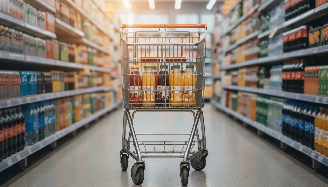 A grocery cart in a supermarket beverage aisle holding bottles of juice, with shelves of soda in soft focus behind it
