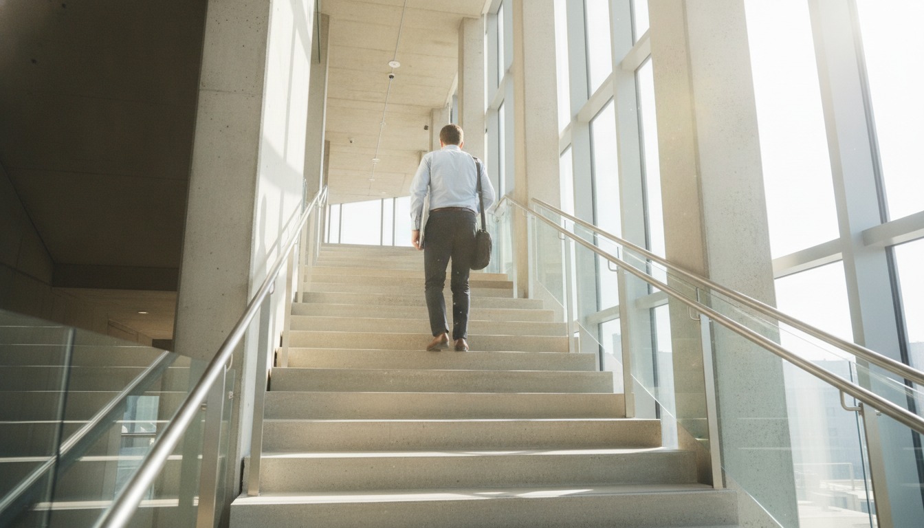 A person in everyday work clothes climbing a sunlit concrete stairwell in an office building, photographed from below with soft natural window light