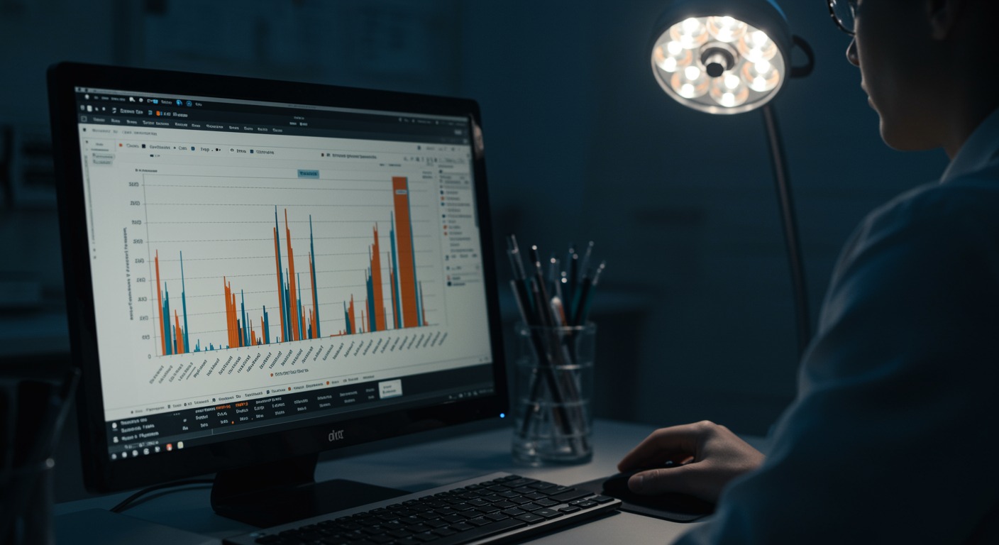 Clinical research data charts showing treatment outcomes on medical computer screen with professional lighting