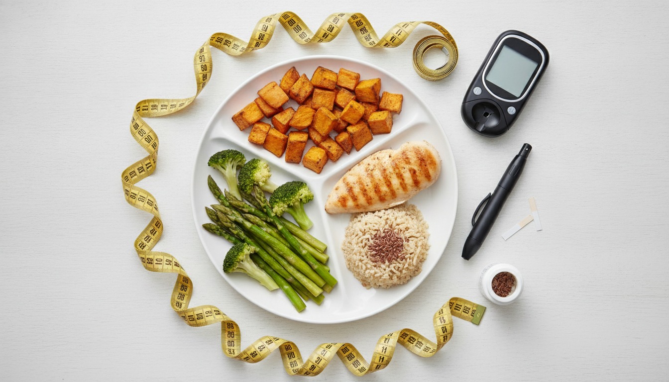 Overhead flat-lay of a balanced plate of food with measuring tape and a glucometer on a white table
