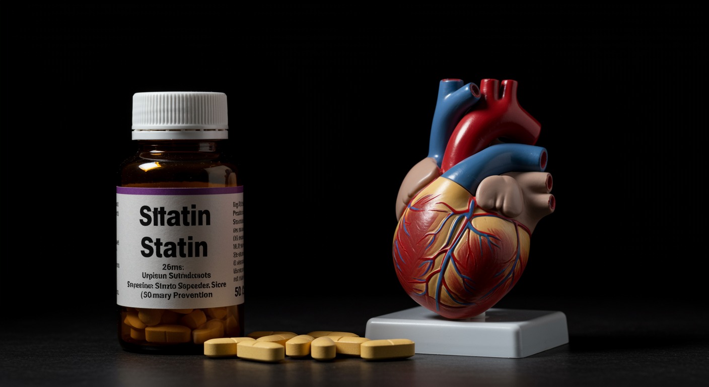 A bottle of statin pills next to a heart model, symbolizing the debate over their use in primary prevention.