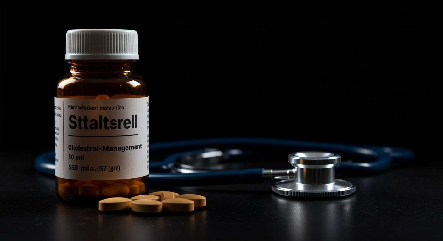 A bottle of statin pills next to a stethoscope, representing cholesterol management