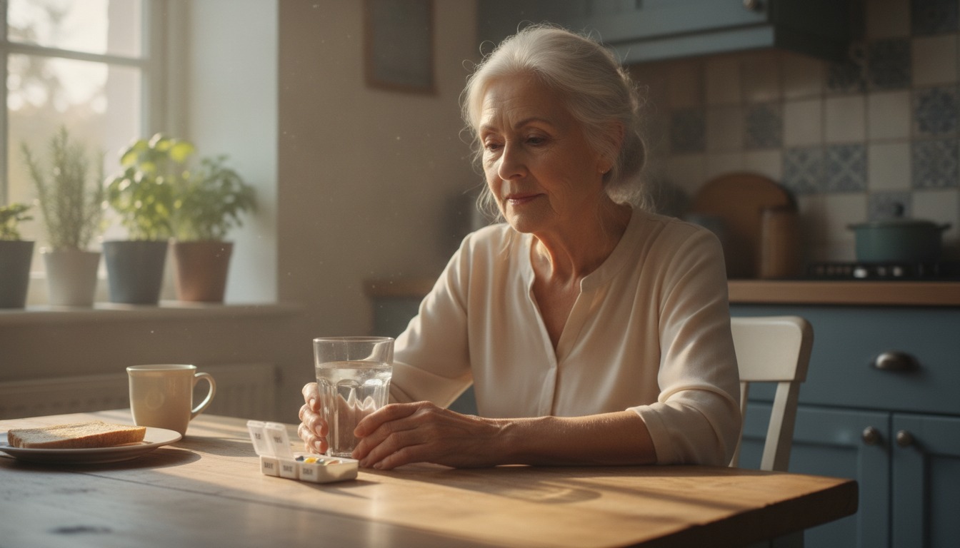 An older woman sitting at a sunlit kitchen table with a glass of water and a small pill organizer beside her