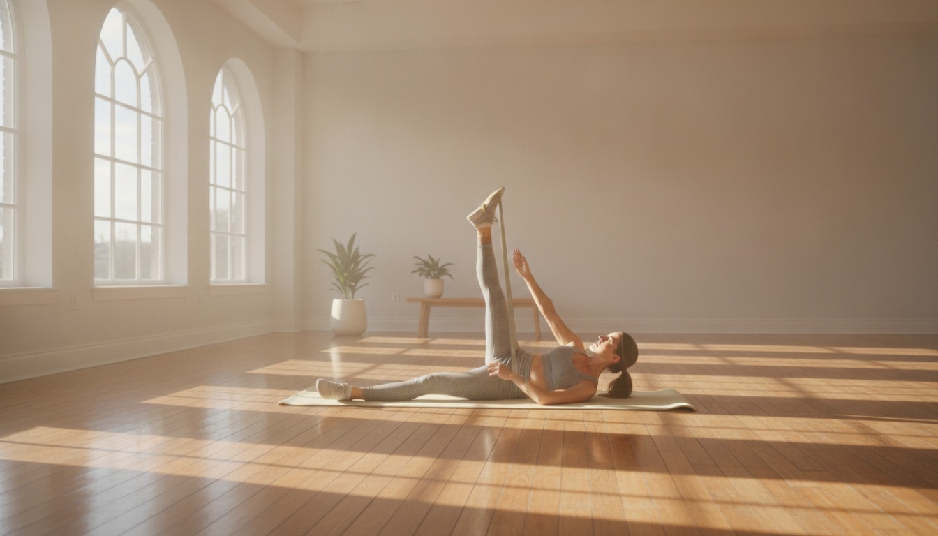 Person doing gentle recovery exercises in a bright sunlit room with warm wood floors and natural light