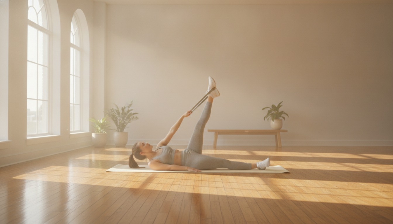 Person doing gentle recovery exercises in a bright sunlit room with warm wood floors and natural light
