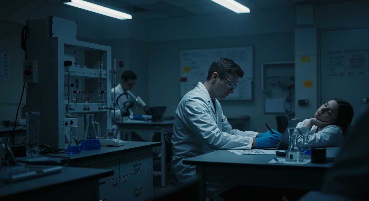 Photorealistic laboratory setting with decision-making tasks and sleep-deprived participant, showing cognitive assessment tools, soft psychological research lighting, no text