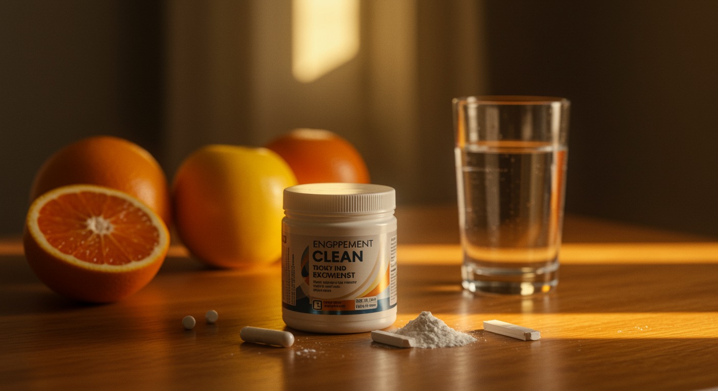 Clean white supplement powder on a warm sunlit wooden table with fresh fruits and a glass of water