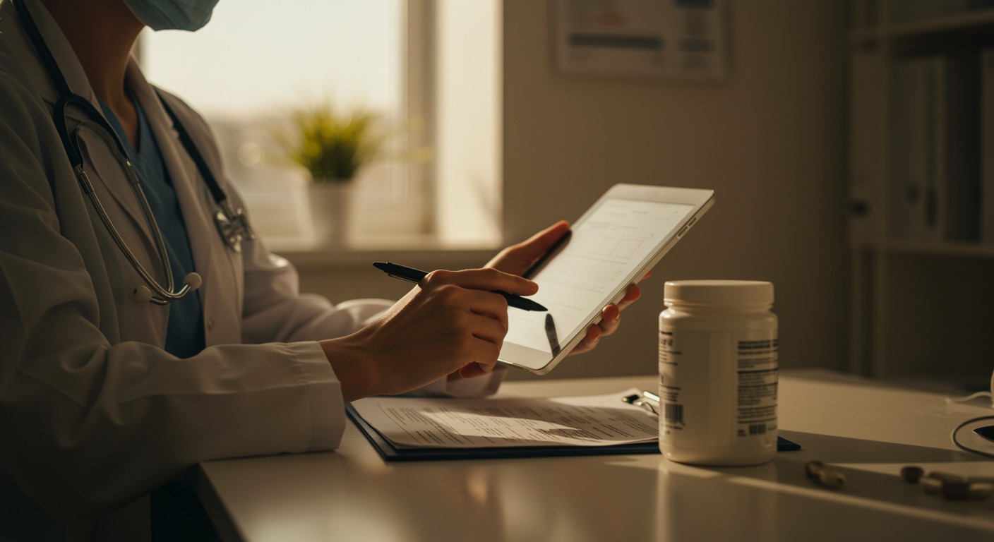 Physician reviewing medical charts and lab results on a tablet in a bright modern clinic, with a container of white supplement powder on the desk
