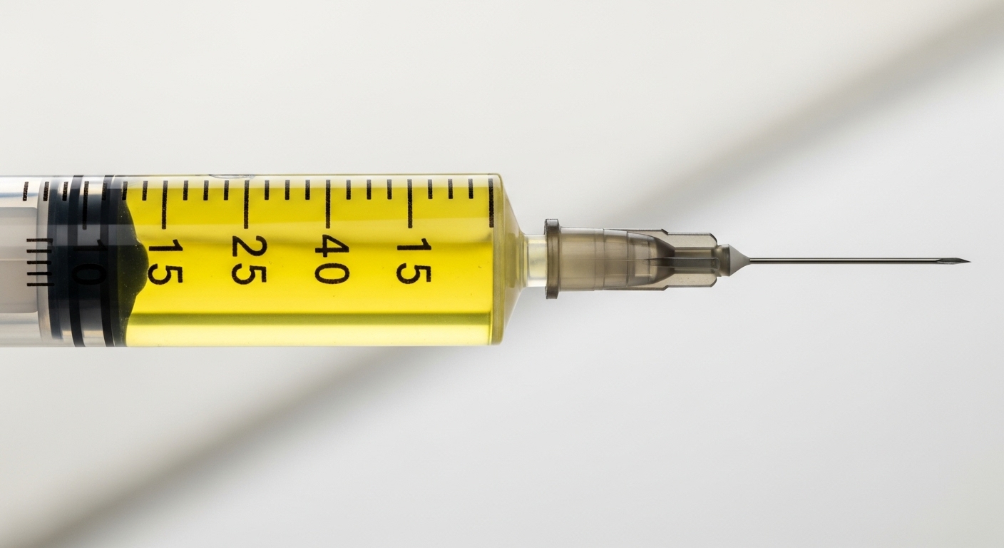 Photorealistic close-up of a hand gently pinching abdominal skin while preparing a small syringe for a subcutaneous injection in a clean clinical setting