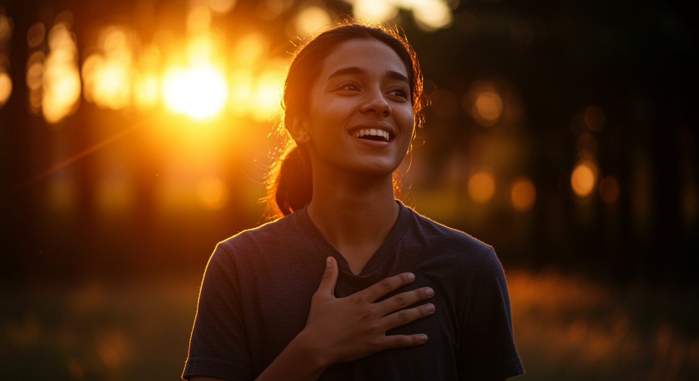 Joyful person placing hand on chest outdoors in golden hour sunlight with warm bokeh background