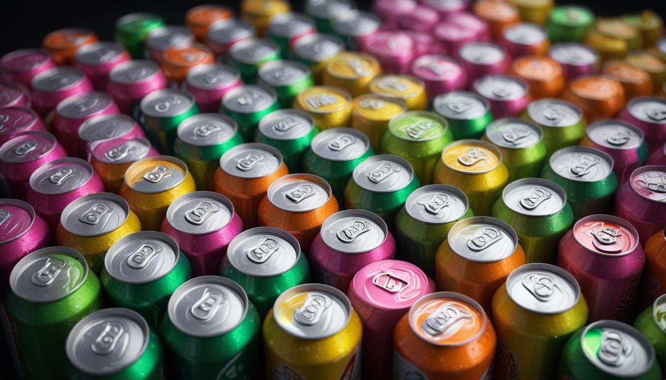 Teenager sitting at a school cafeteria table with a colorful soda can and a glass of water side by side