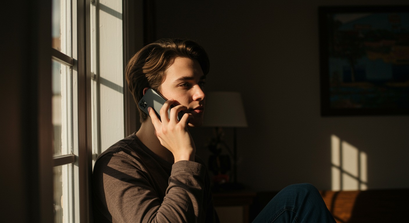 A young person sitting quietly by a sunlit window while talking on a phone, with a warm calm atmosphere and soft natural light