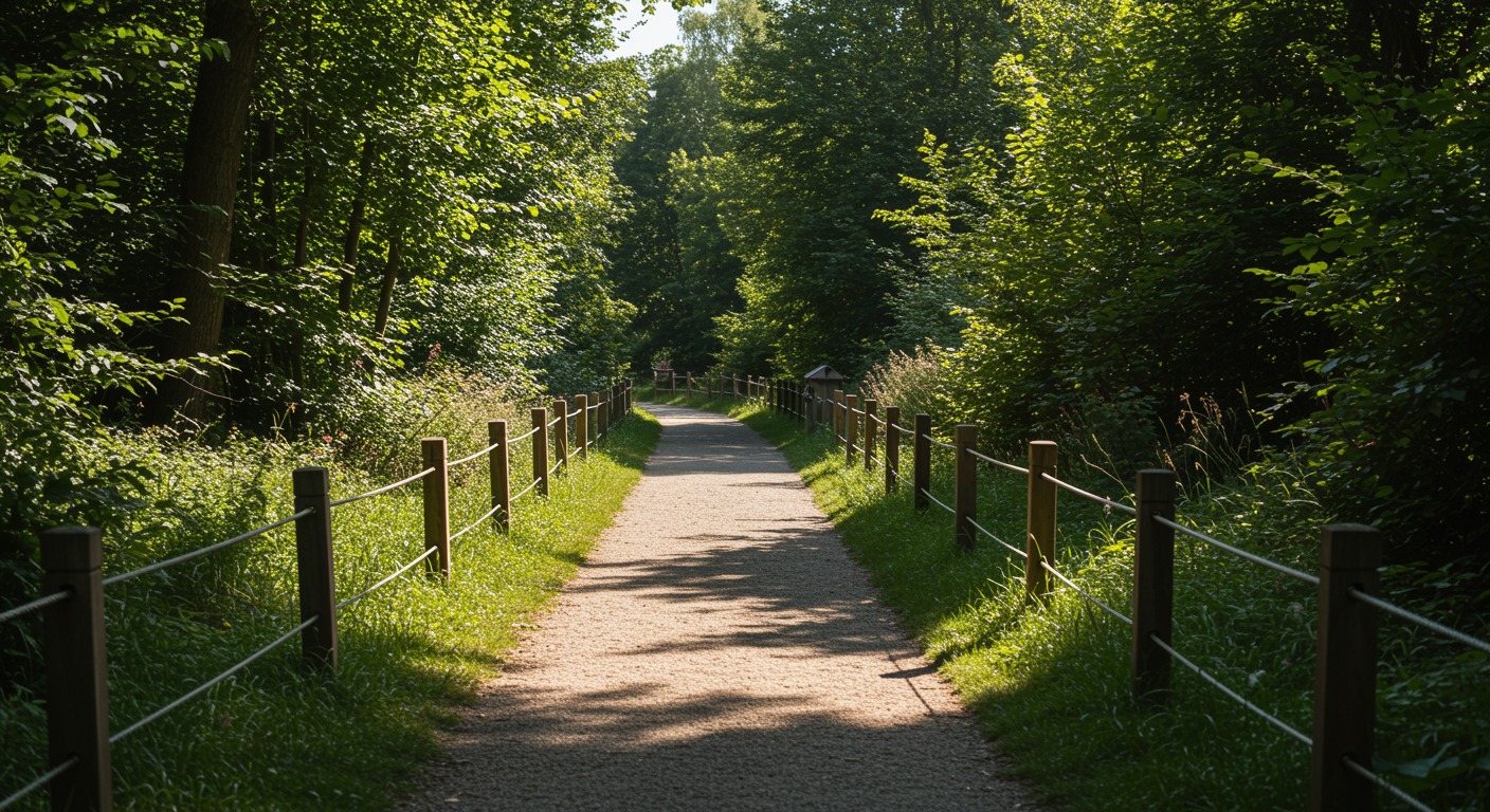 Walking path in warm sunny rehabilitation garden