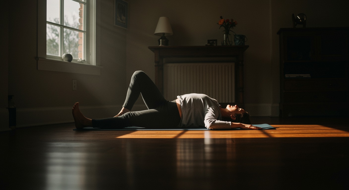 Person lying on a wooden floor in a sunlit room performing a gentle stretching exercise on a yoga mat