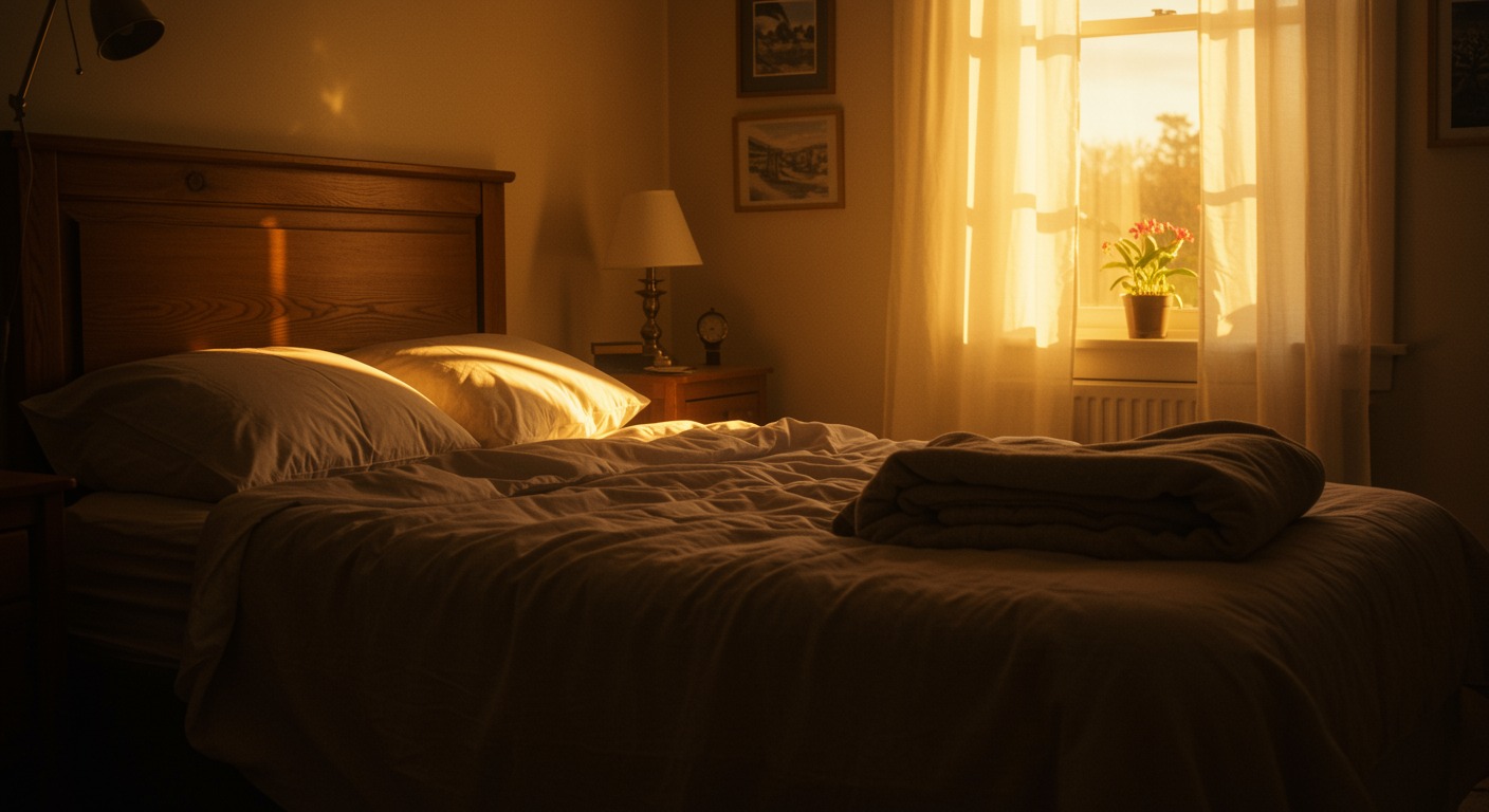 Cozy bedroom bathed in warm golden morning light with soft blankets and a peaceful atmosphere