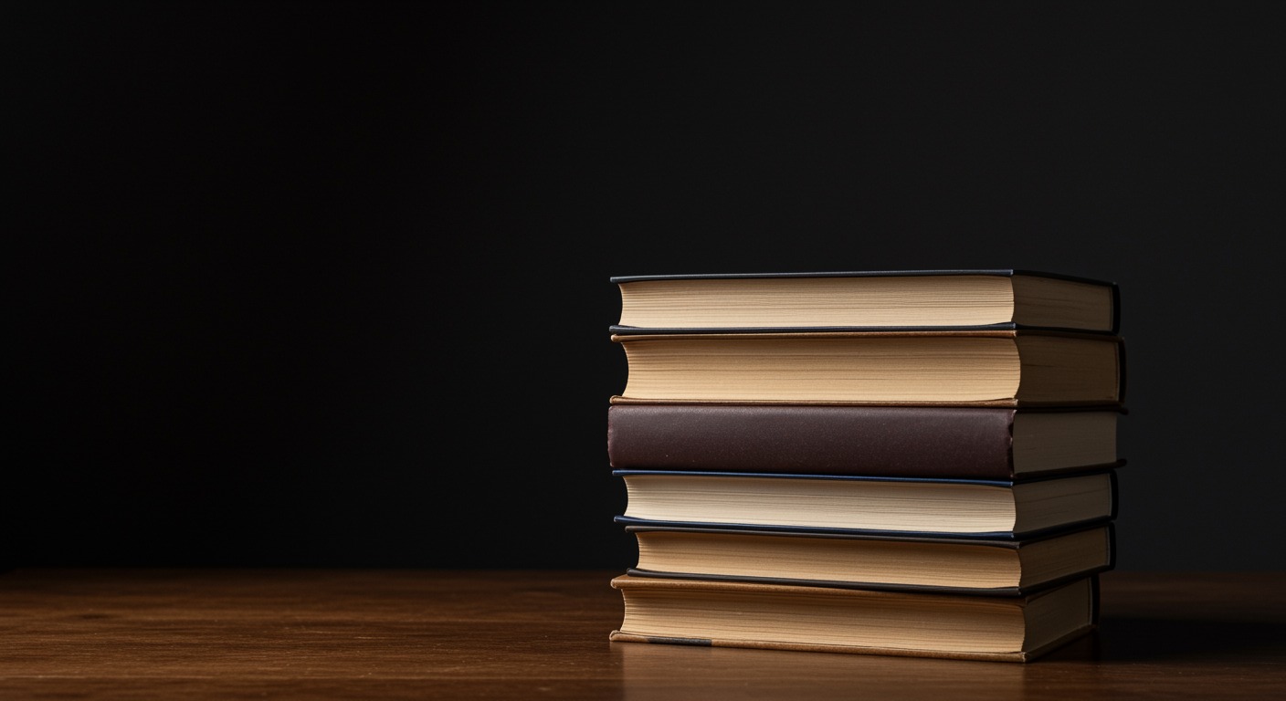 Stack of books on wooden table