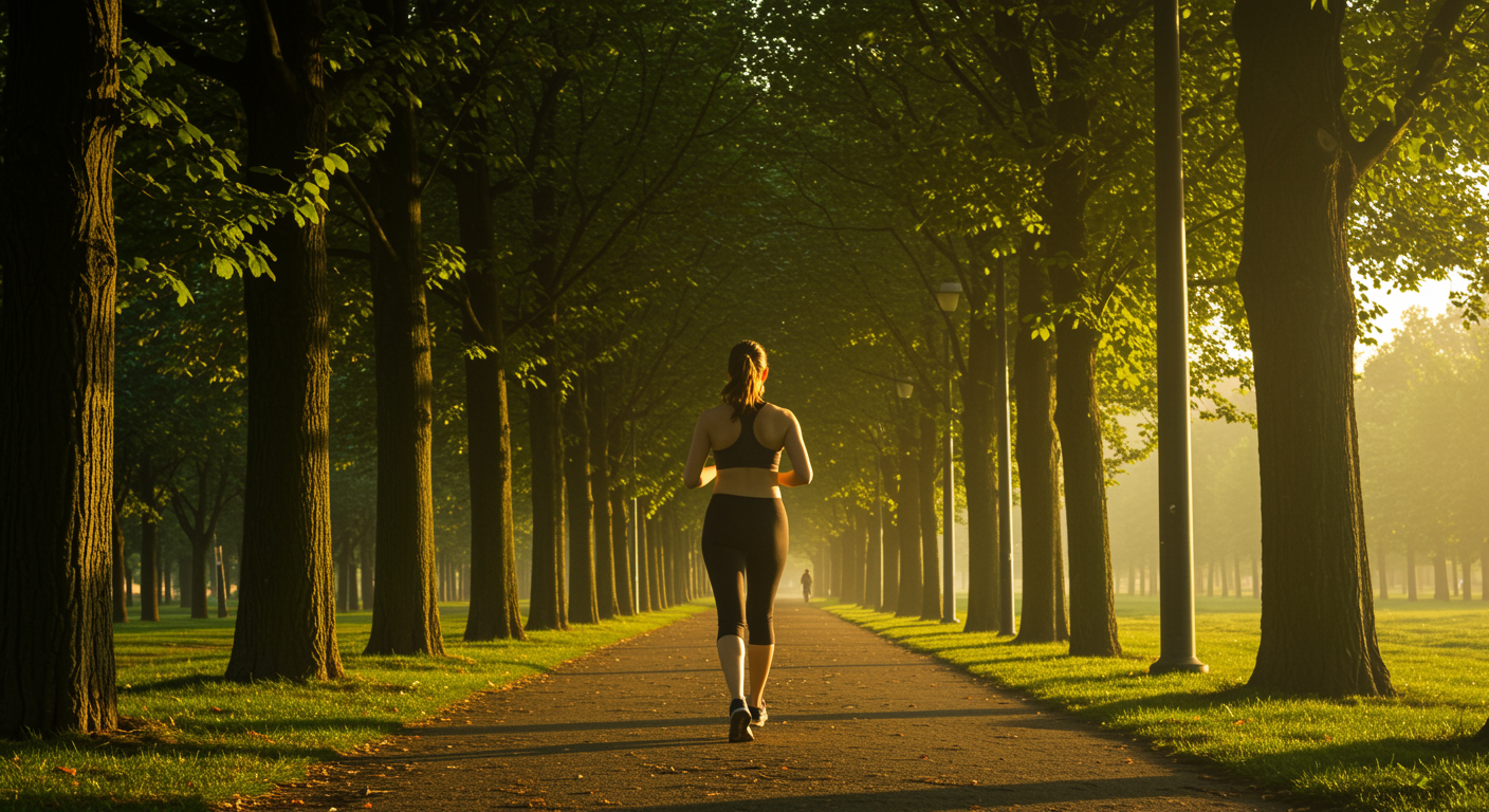 Woman in athletic clothes walking briskly through a sunlit park path lined with green trees in early morning light
