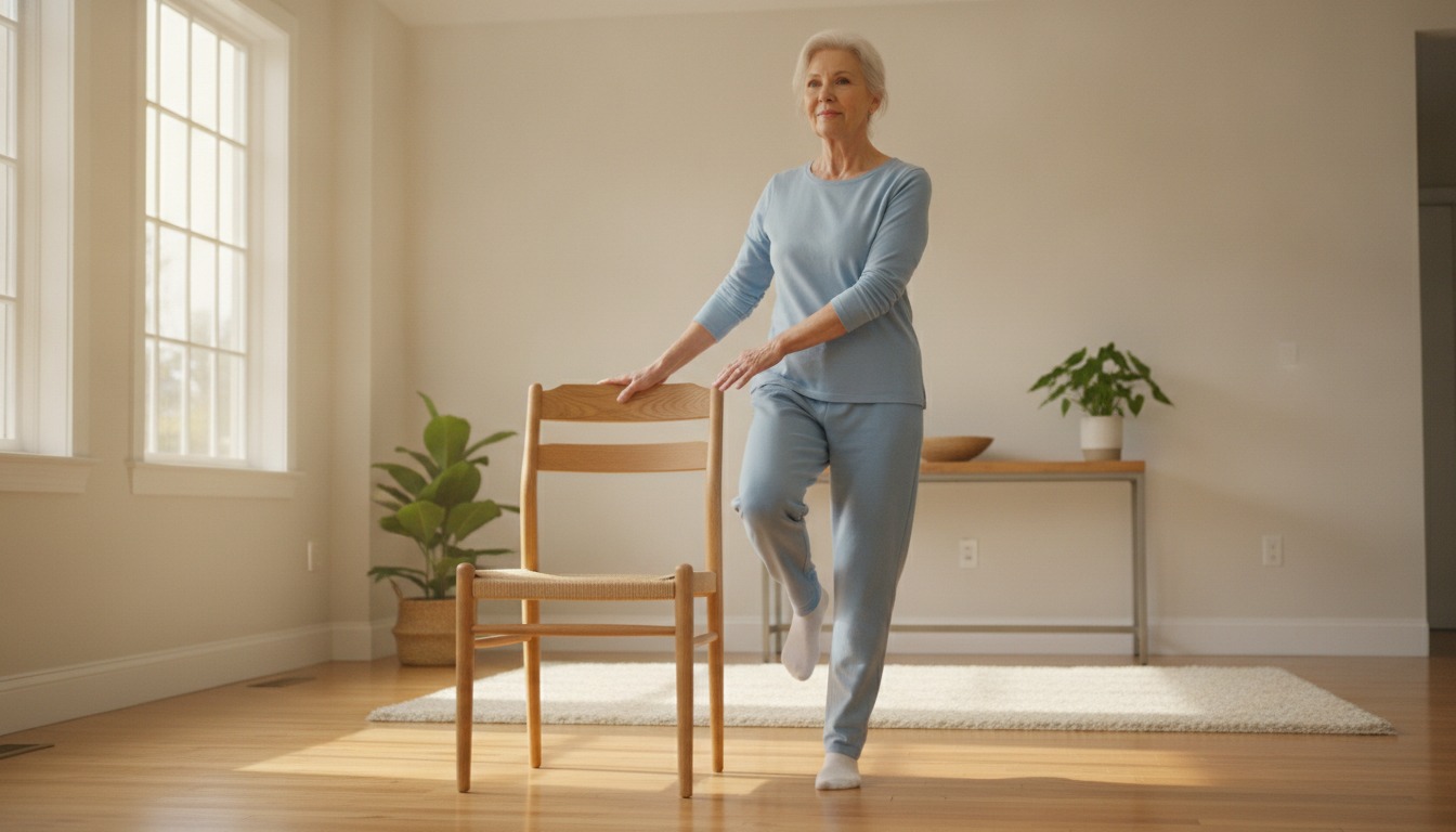 An older woman doing a standing balance exercise on one leg, both hands resting on the back of a wooden chair in a sunlit living room
