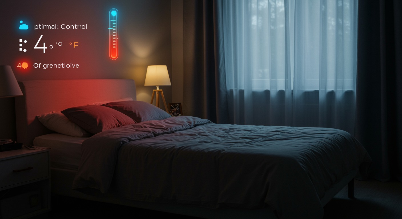 Photorealistic bedroom with temperature control visualization showing optimal vs disruptive temperatures for sleep, soft environmental lighting, no text