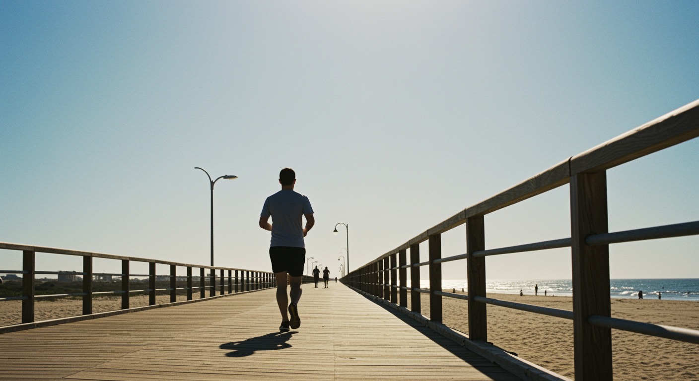 Runner along sunny ocean boardwalk
