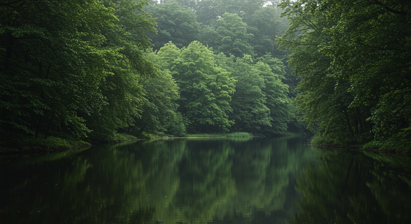 Peaceful lake with green trees