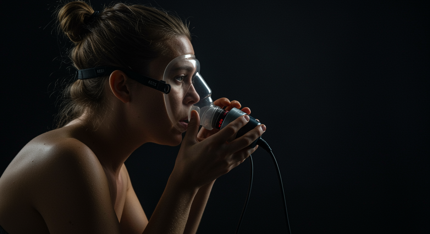 Person practicing breath-holding exercises with timer and monitoring equipment
