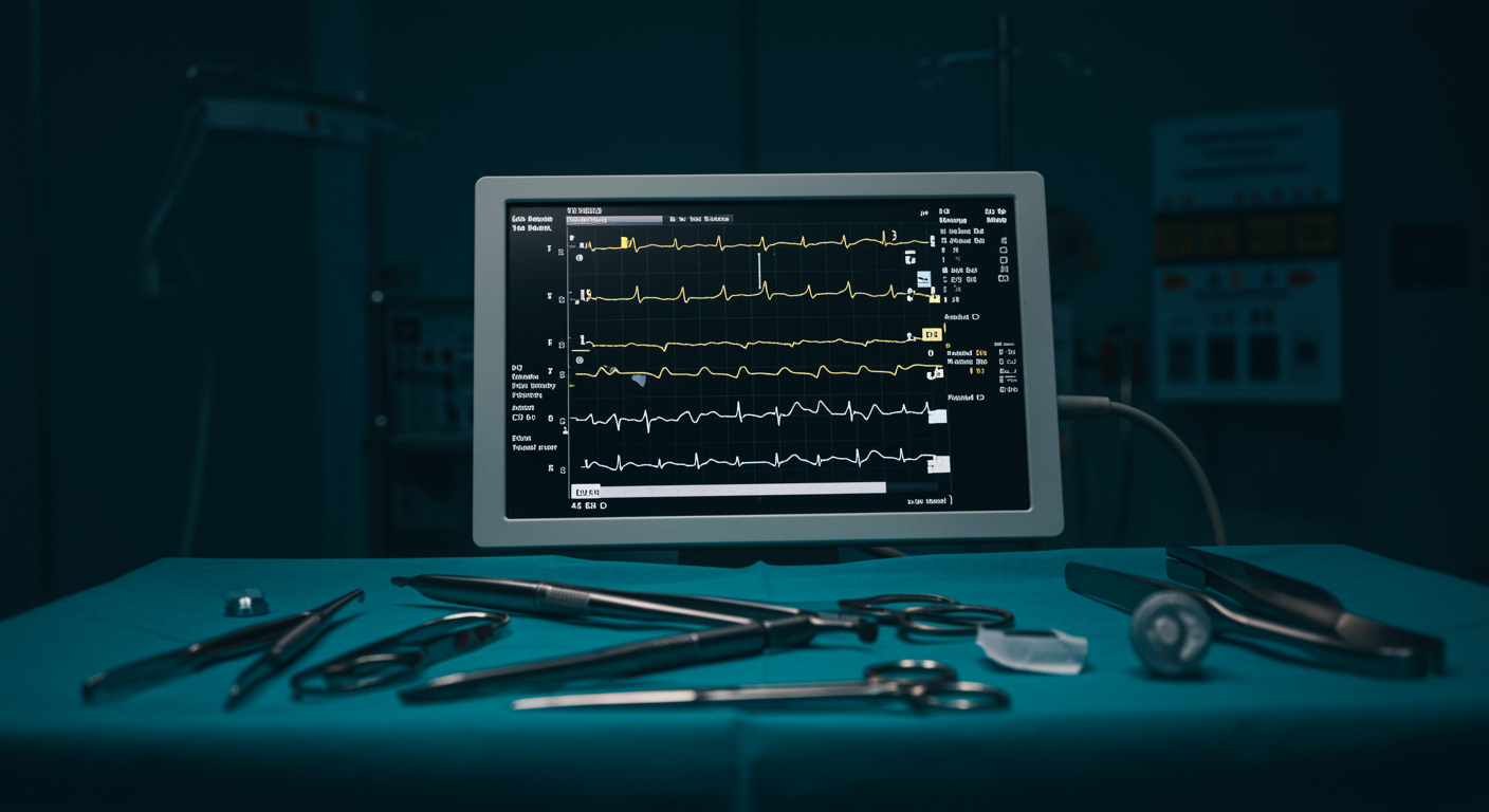 ECG monitor showing heart rhythm with surgical instruments nearby