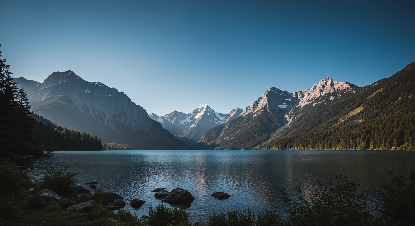 Mountain lake with blue sky