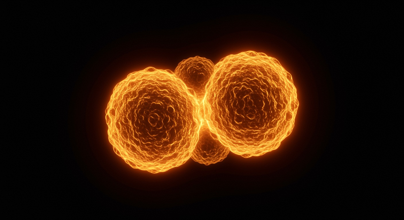 Glowing cell dividing in warm amber tones