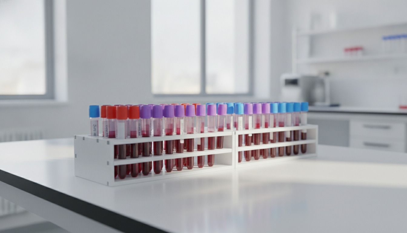 A rack of capped blood collection tubes on a clean laboratory bench in soft natural light