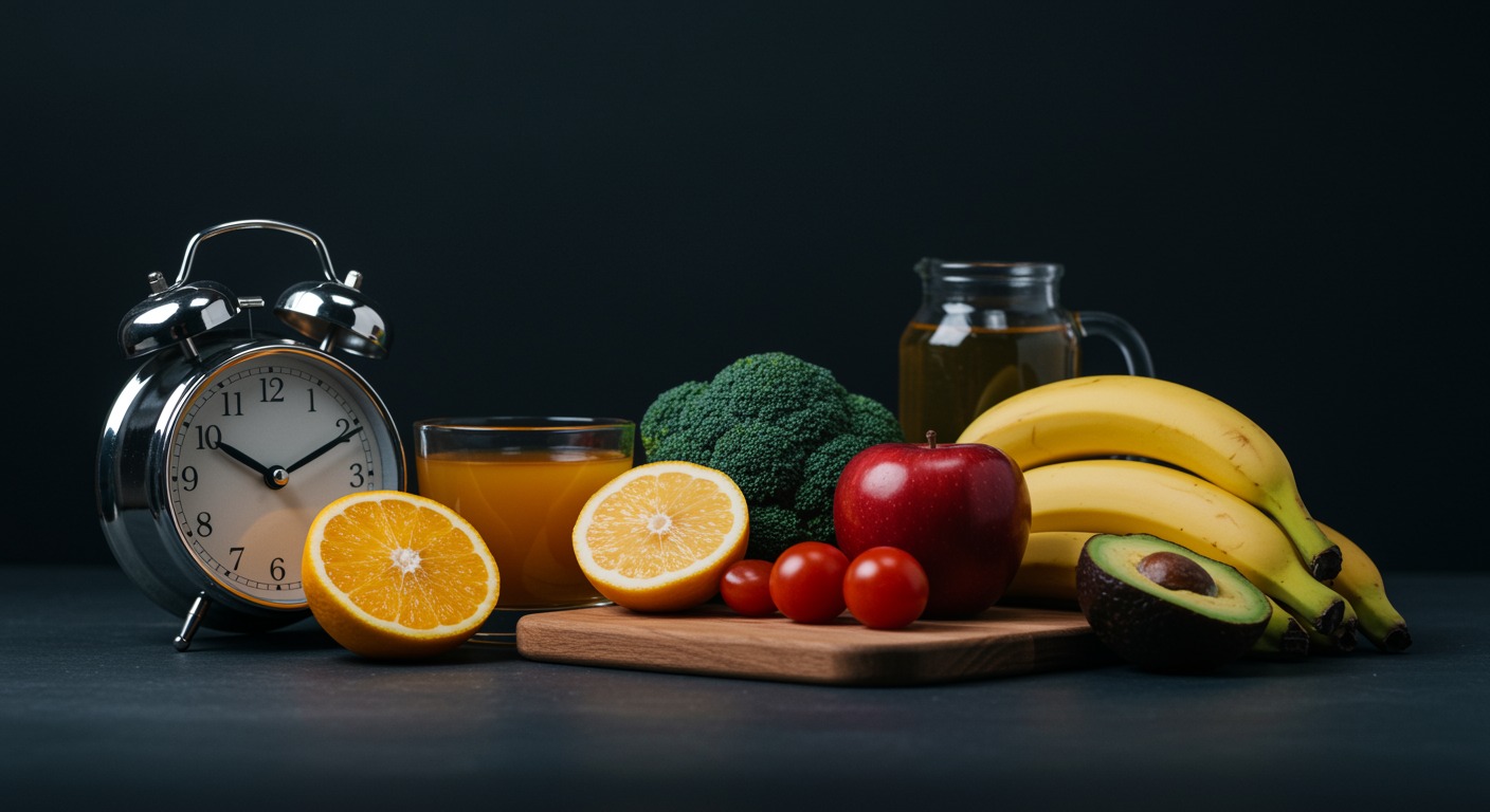 Photorealistic visualization of time-restricted eating schedule with clock and healthy meals, soft lifestyle lighting, no text