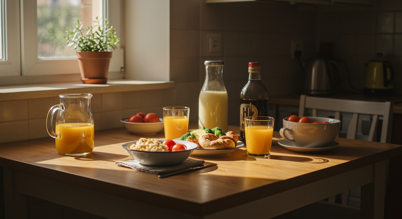 A warm kitchen table set with a healthy meal beside a window showing soft morning sunlight
