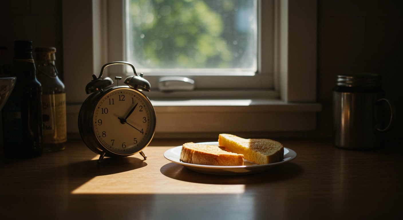 A simple kitchen table with a plate of food next to a clock showing an eight-hour window, natural morning light through a window