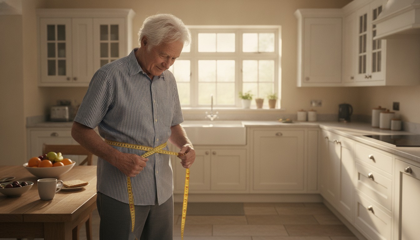 An older man in a bright kitchen wrapping a cloth measuring tape around his waist in soft morning light