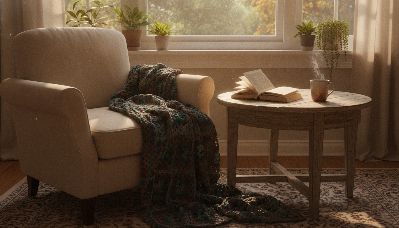Cozy reading nook with an open book, a steaming mug of tea, and an afghan blanket on a wooden table by a sunlit window with warm golden light