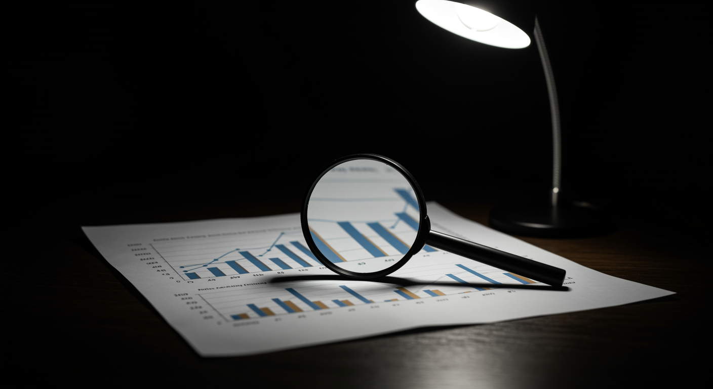 Statistical chart with magnifying glass under soft desk lighting